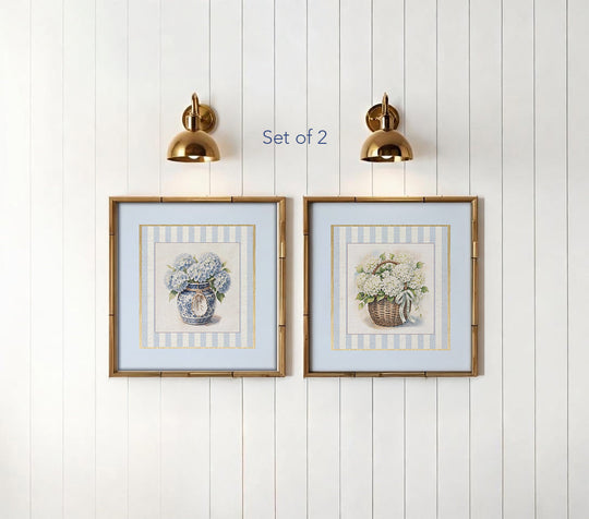 Hydrangea Prints Set of 2 Striped Botanical Basket Illustrations Nantucket Basket Blue and White Ginger Jar Art