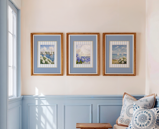 Coastal Watercolor Set of 3 with Blue Border, Nantucket Print Cape Cod Illustration Hydrangea Artwork