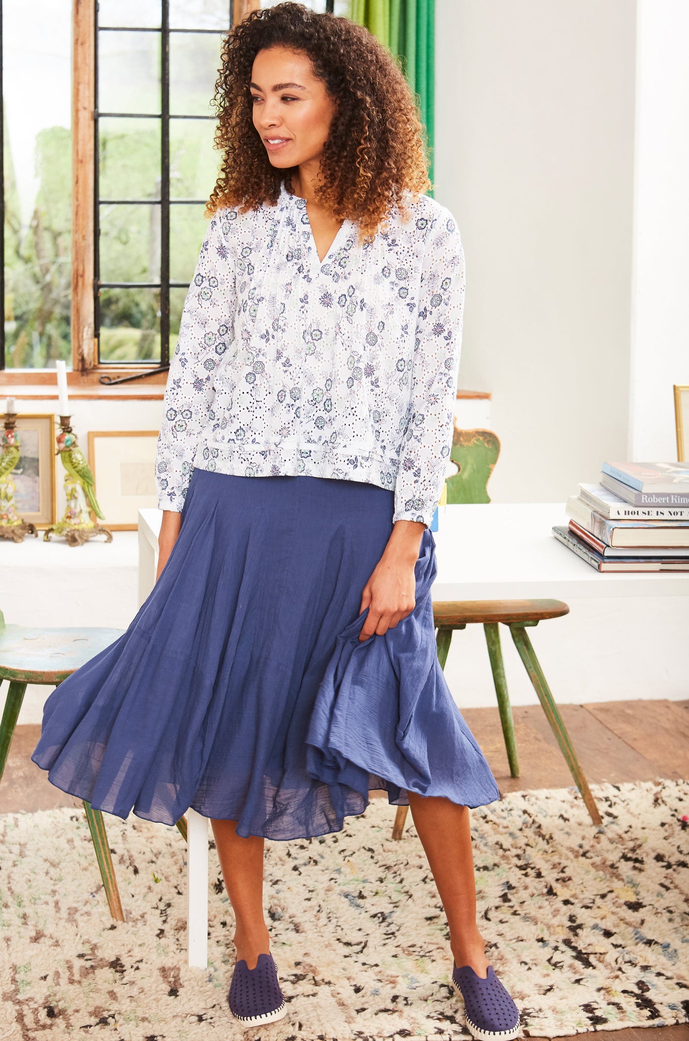 Smocked Waist Airy Fairy Midi Skirt in Insignia Blue