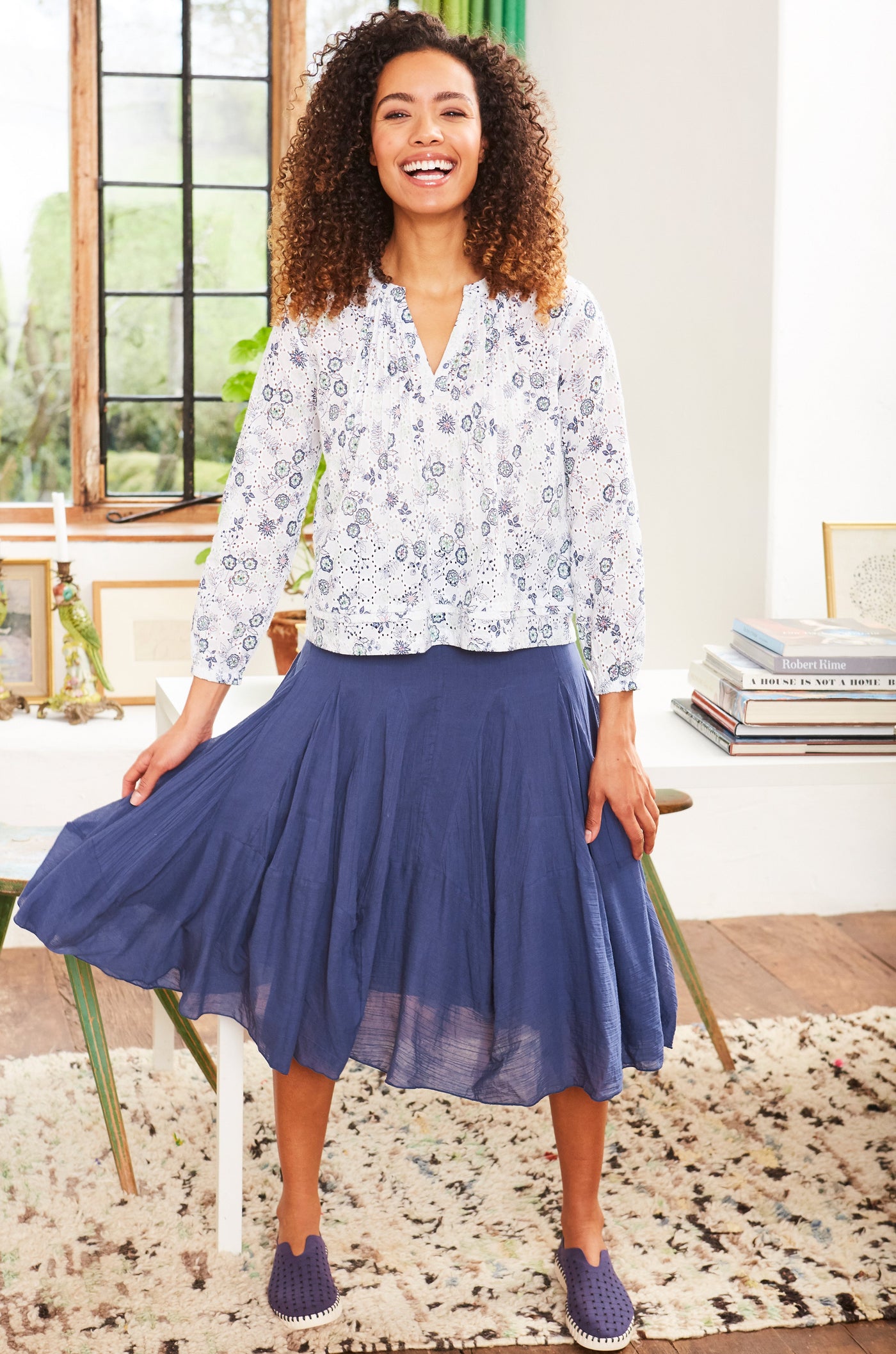 Smocked Waist Airy Fairy Midi Skirt in Insignia Blue