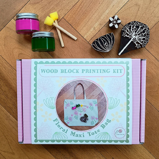 Floral maxi tote bag wood block printing kit