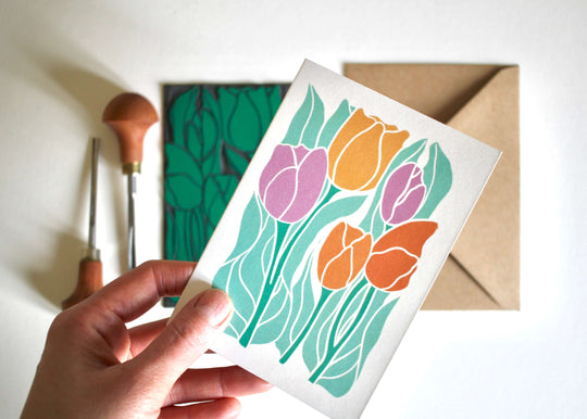 Luxury Spring Tulips Linocut Greeting Card | Single Card & Envelope