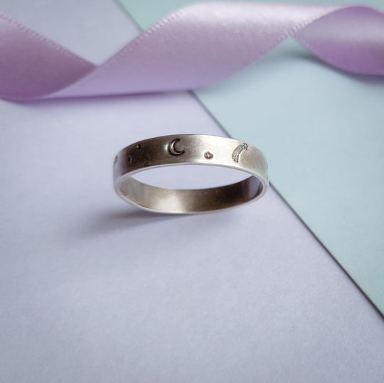 Stargazer - Sterling Silver Celestial Ring with Moon & Stars on 4mm Band