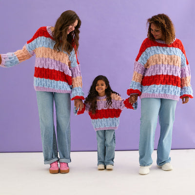 Mandy Kids Criss-Cross Stitch Balloon Sleeve Stripe Jumper