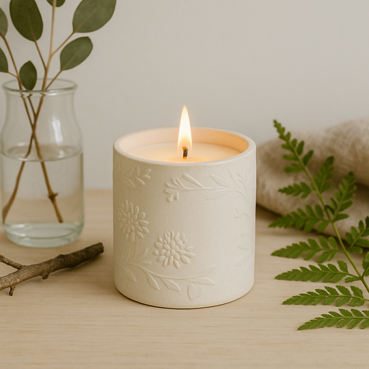 Lino print Botanical Candle Pot with Refill-Clotted Cream