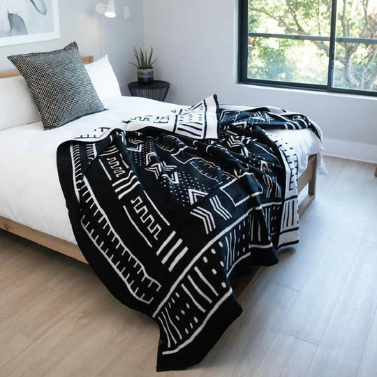 Cotton Suede Mali Mud Cloth Throw Blanket in Black and White