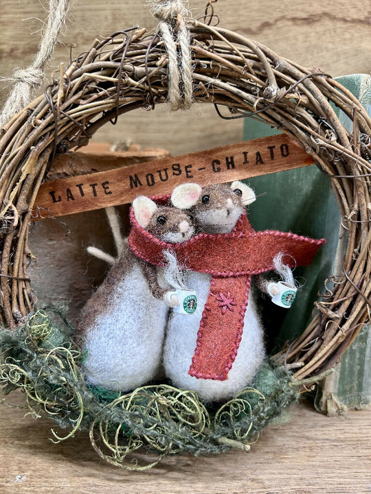 Latte Mouse-chiato Needle Felted Wreath, Handmade Coffee Lover Wall Decor