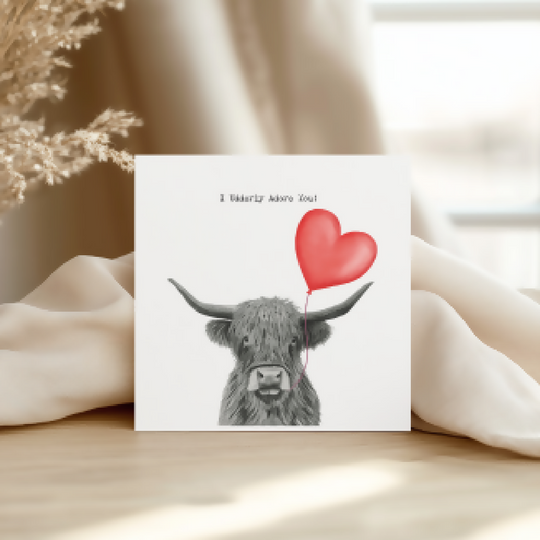 I Udderly Adore You Highland Cow Heart Balloon Card – Cute Romantic Valentine & Love Card