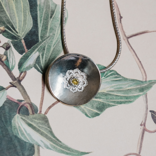 Silver Mandala Disc Necklace with Yellow CZ