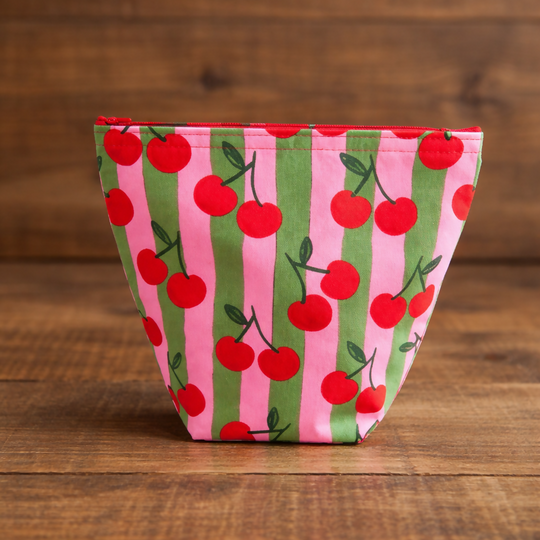Funky Pink cotton Cherry handmade fabric washbag