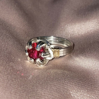 Simulated Ruby Prong Set Wrapped Silver Ring
