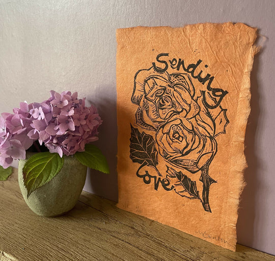 'Sending Love' Linocut Print on Coral Handmade Paper