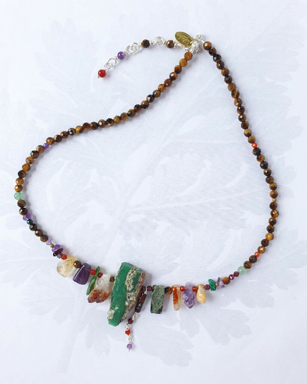 Daybreak gemstone necklace with Tiger’s eye, chrysoprase and interesting russet hued gemstones.