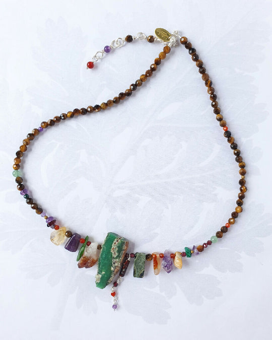 Daybreak gemstone necklace with Tiger’s eye, chrysoprase and interesting russet hued gemstones.