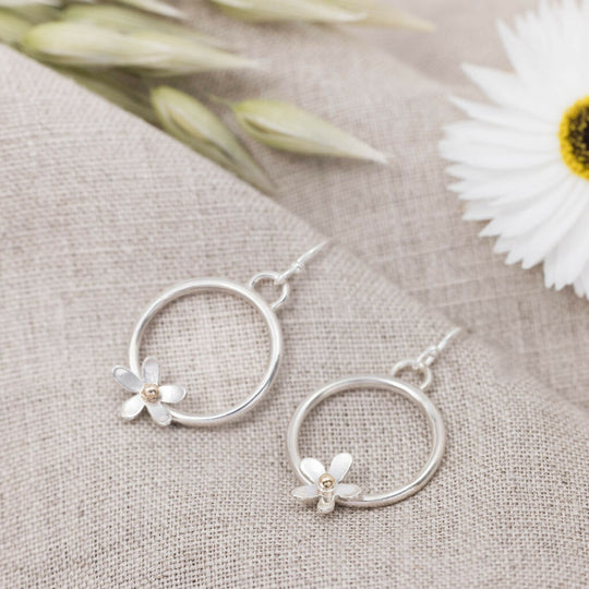 Silver Daisy Hoop Earrings