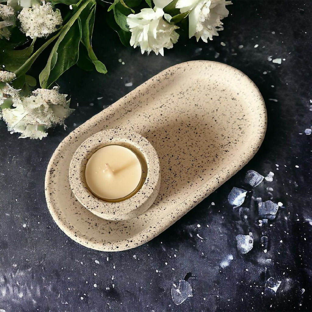 White Granite Candle Tray with matching tealight