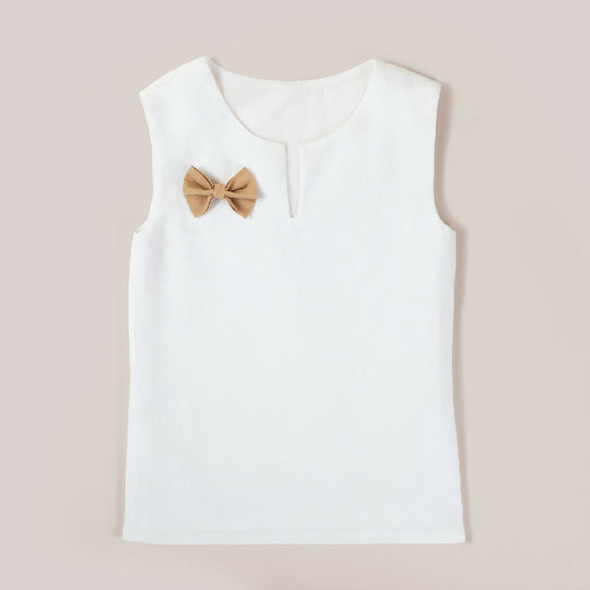 V-neck Girls Top in White with Beige Ribbon Finish