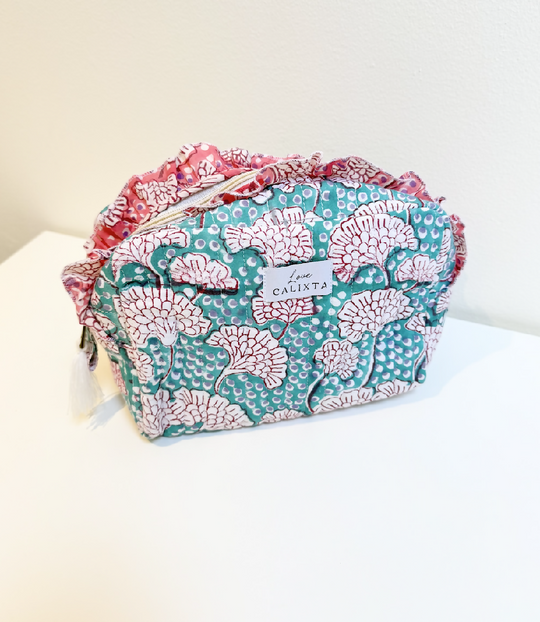 Blue Block Print Frill Washbag