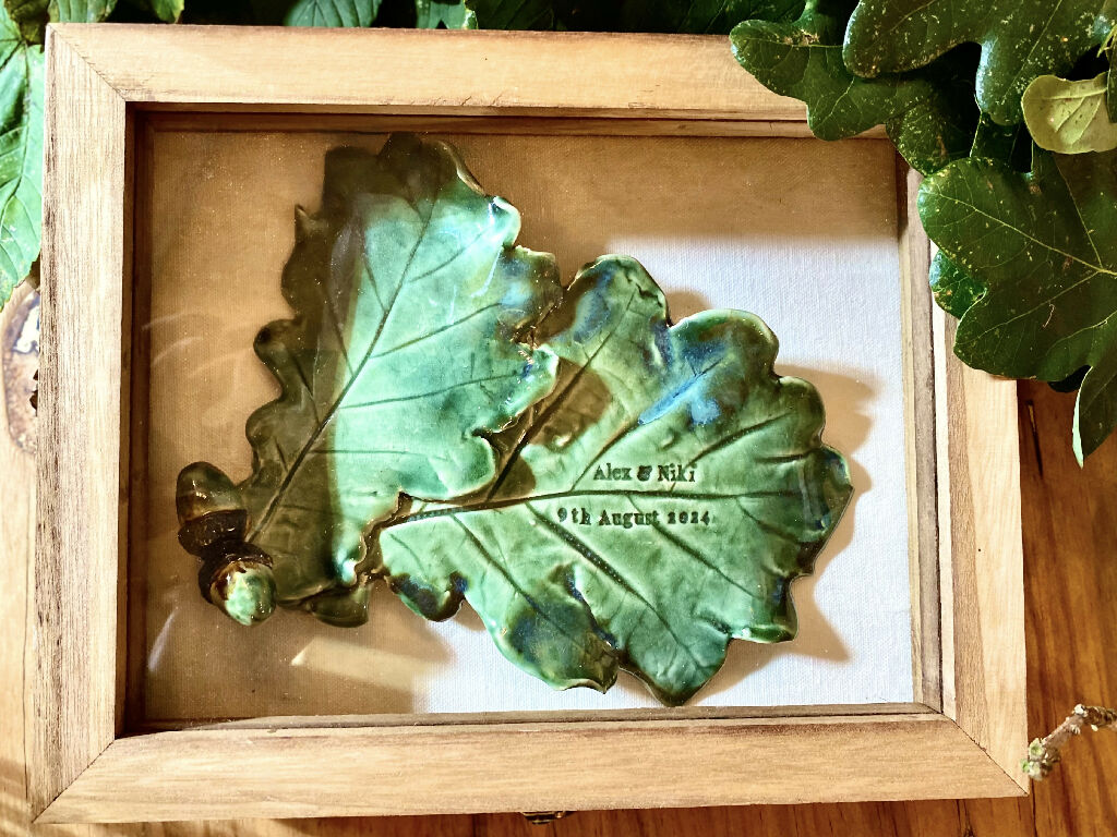 Double Oak leaf with acorn sculpture - Hand sculpted Personalised Ceramic Wall Hanging, wedding gift - MADE TO ORDER