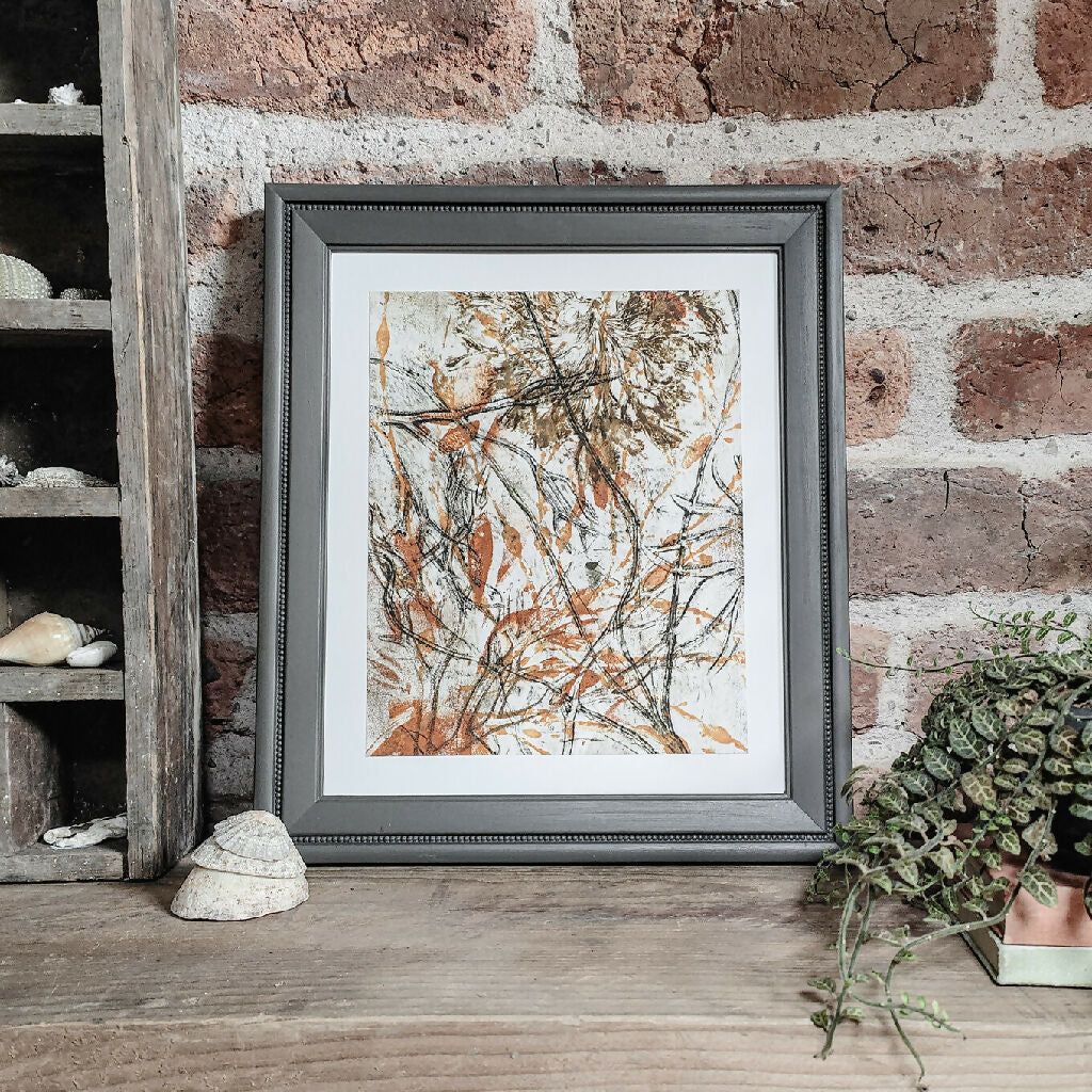 Seaweed gelli print Art_1_orange_and_olive