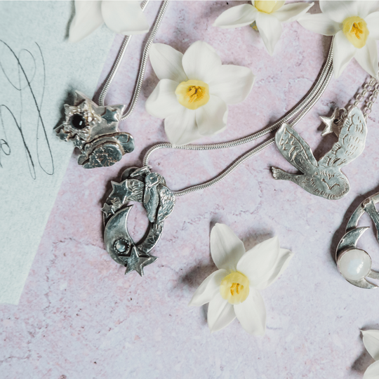 Silver Celestial Owl Necklace with Moonstone