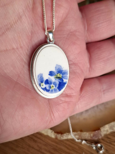 Forget me not broken china with crest silver pendant