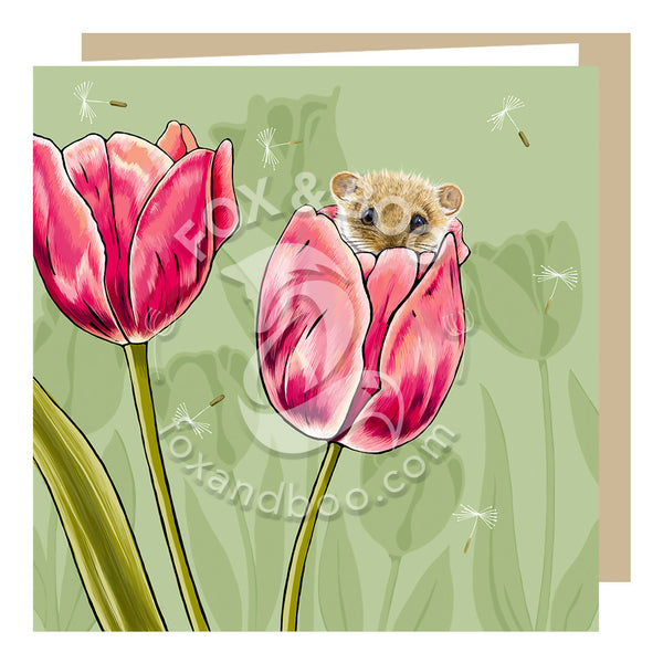Dormouse and Tulip card by Fox and Boo, dormouse nestles within a deep pink tulip flower, with a green background