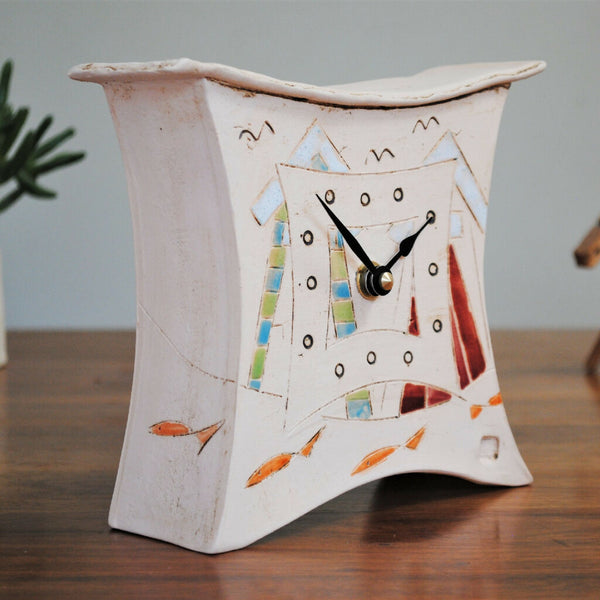Nautical Ceramic Clock With Beach Huts and Fish