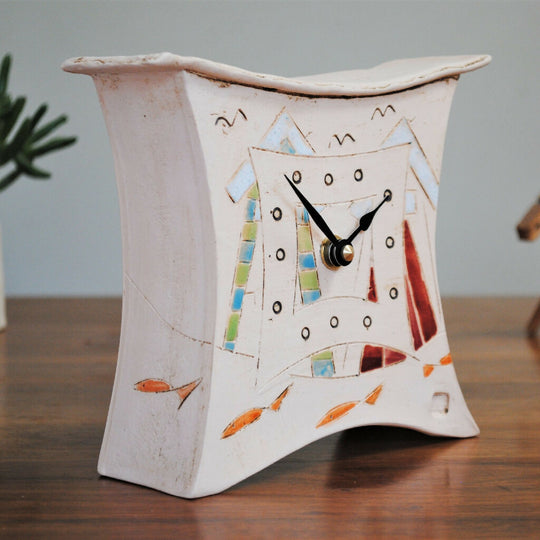 Nautical Ceramic Clock With Beach Huts and Fish