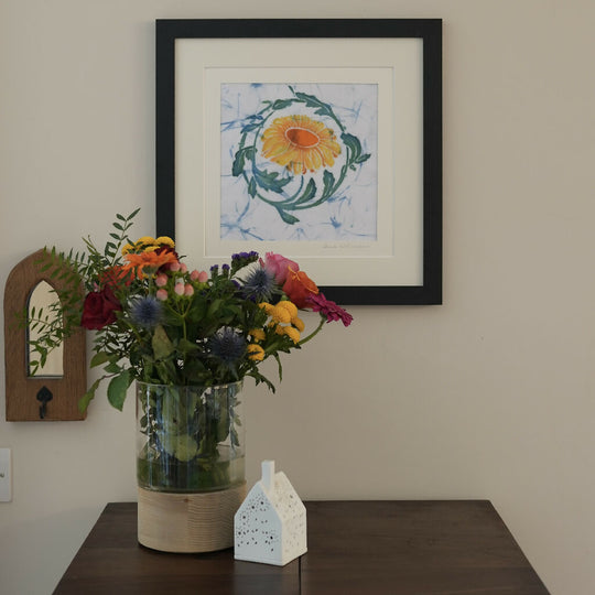 Anthemis Hand Dyed Batik Painting in Yellow and Green