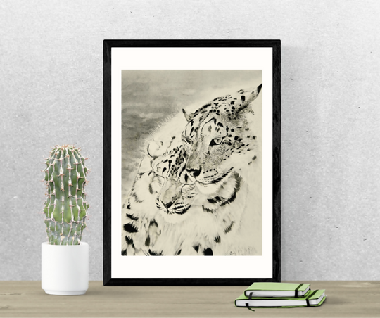 Mother and cub snow leopard print, limited edition mounted A4 size, black and white