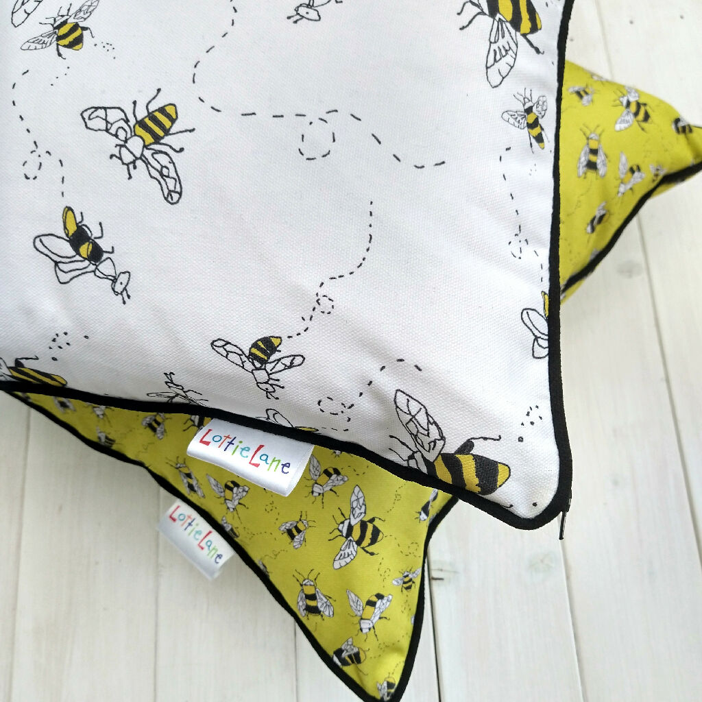 Buzzy Bee Hand Made Organic Cotton Cushion in Yellow