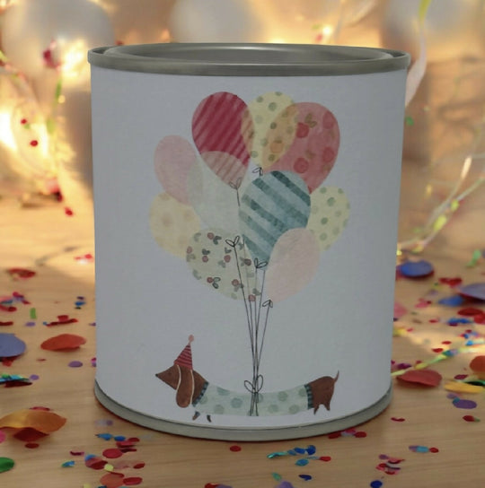 Birthday Sausage Dog Scented Soy Candle Tin – 220g