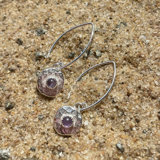Hammered Pebble Pendant Amethyst Sterling Silver Earrings