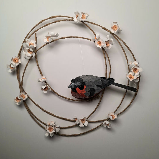 Bullfinch on a floral wreath hanging paper sculpture