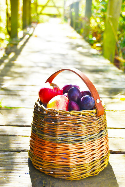 Fruit Picking Basket in Mixed willow with a Leather Handle