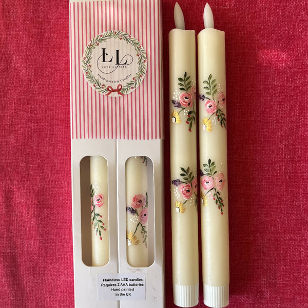 Hand painted pair of wax LED candles with a delicate rose design