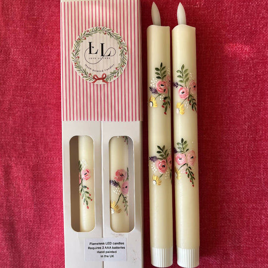 Hand painted pair of wax LED candles with a delicate rose design
