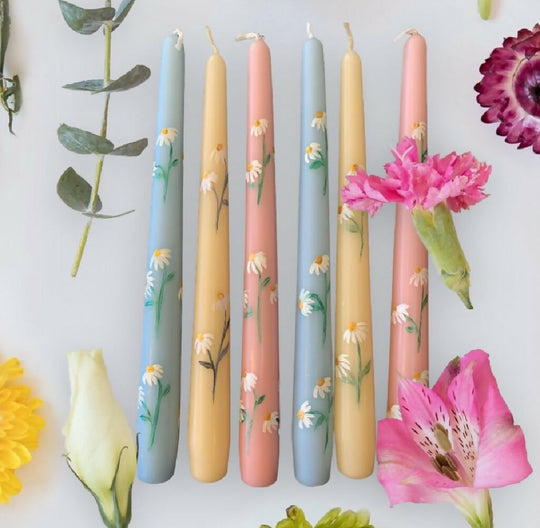 Hand painted tapered candles with delicate daisy design set of two