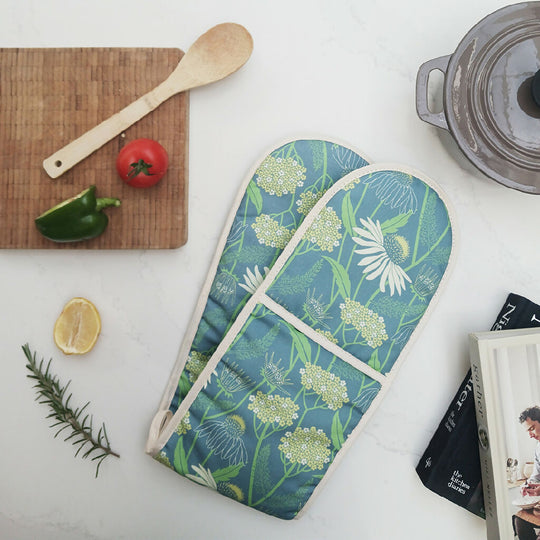 Echinacea flower double oven gloves in blue