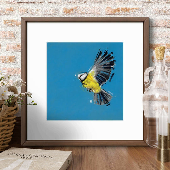 Flicker in Blue Blue Tit Giclee Fine Art Print with Blue Background