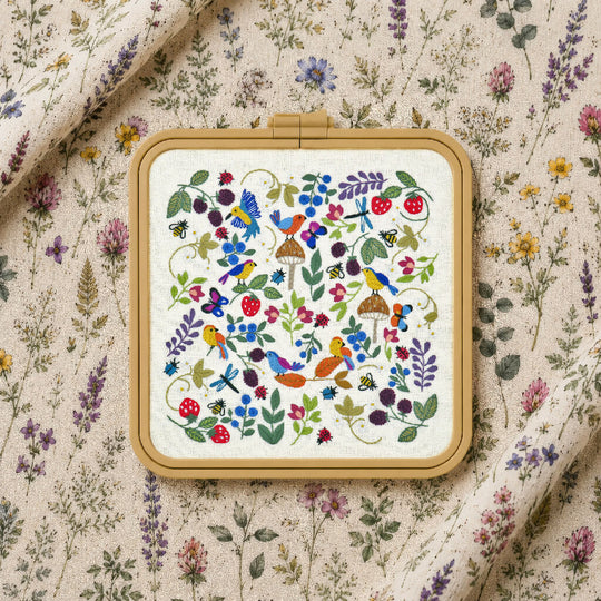 Birds, Bugs and Berries, Hand Embroidery Kit with Pre Printed Fabric and Colour Pattern
