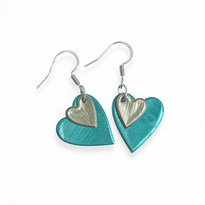 Recycled Metal Heart Earrings in Green