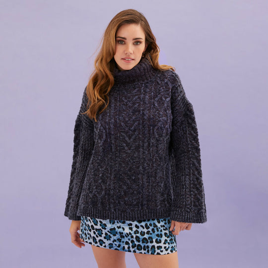 Emily Cable Roll Neck Tunic Jumper - Navy Blue