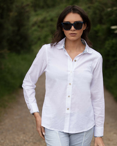 White Cotton Shirt with Liberty Print Trim
