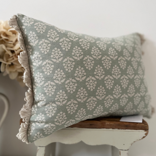 Oblong fan edge cushion in Duck Egg Sprig cotton by Susie Watson Designs