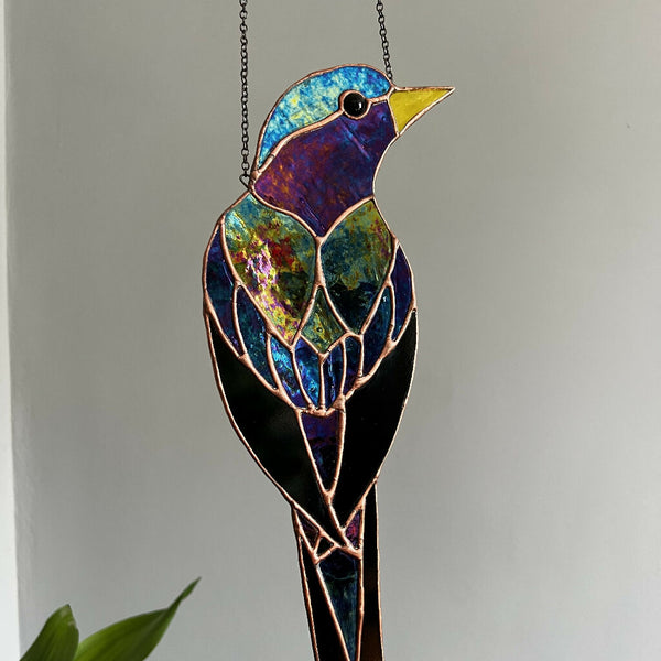 Stained Glass Starling Wall Hanging in iridescent black glass and aged copper patina