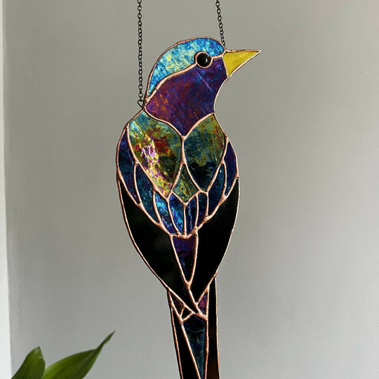 Stained Glass Starling Wall Hanging in iridescent black glass and aged copper patina