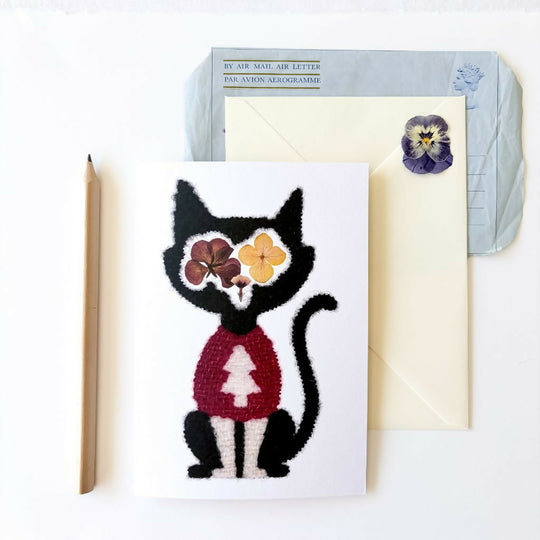 Botanical Black Cat Christmas Card
