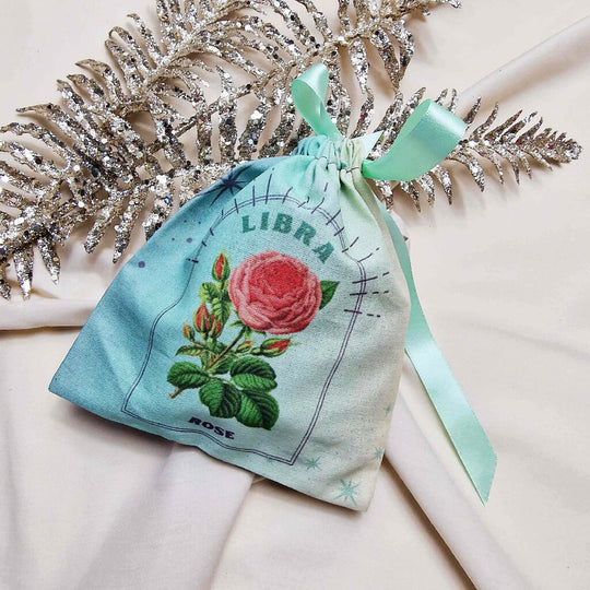 Libra Zodiac Birth Flower Gift Pouch in Green and Purple